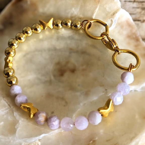 Natural Pink Kunzite & Gold Beads In Half And Half Assymetrical  Bracelet - Picture 6 of 6